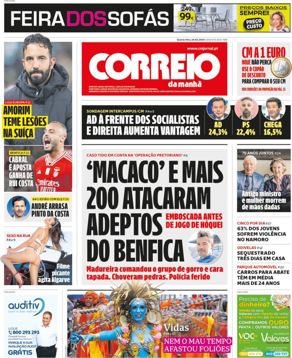 Correio da Manh&atilde;: Capa da Edi&ccedil;&atilde;o de quarta-feira, 14 de fevereiro 2024