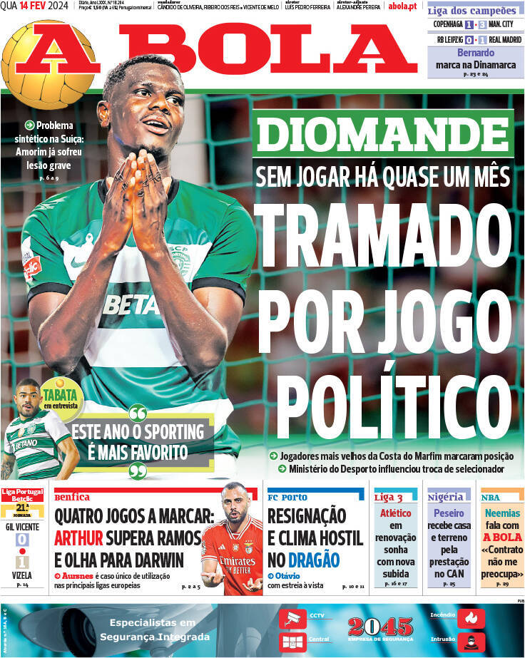 A Bola: Capa da Edi&ccedil;&atilde;o de quarta-feira, 14 de fevereiro 2024