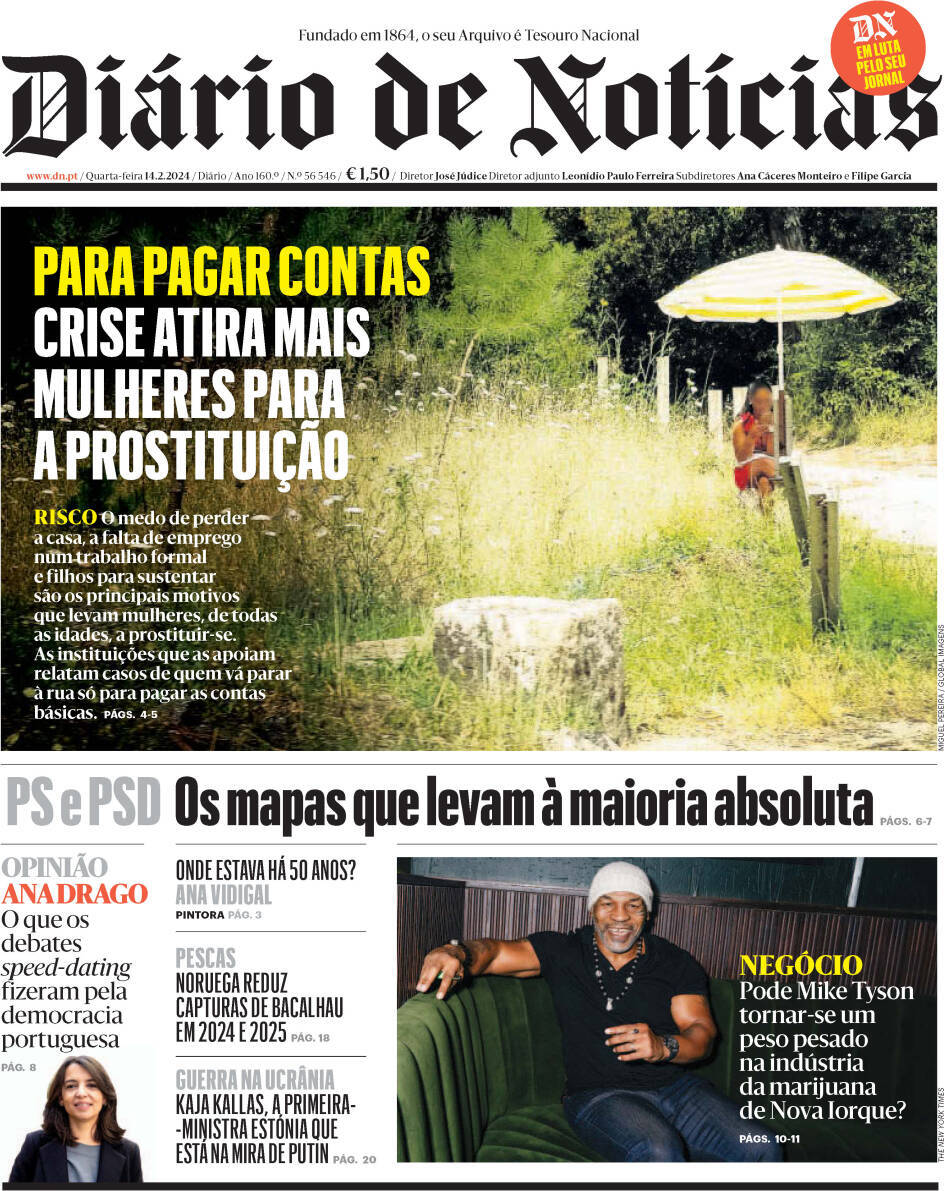 Di&aacute;rio de Not&iacute;cias: Capa da Edi&ccedil;&atilde;o de quarta-feira, 14 de fevereiro 2024