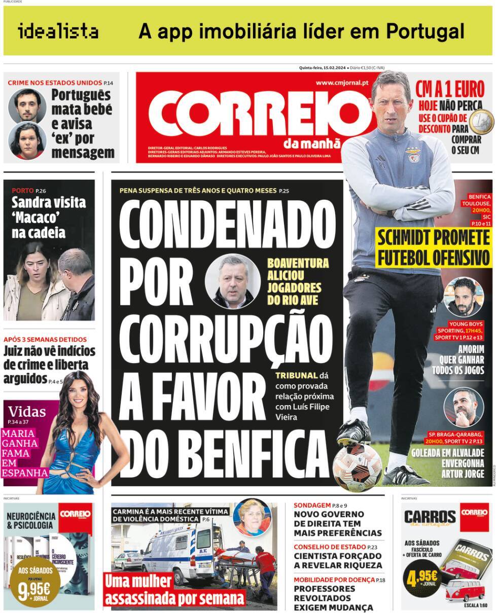 Correio da Manh&atilde;: Capa da Edi&ccedil;&atilde;o de quinta-feira, 15 de fevereiro 2024