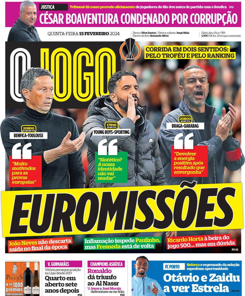 O Jogo: Capa da Edi&ccedil;&atilde;o de quinta-feira, 15 de fevereiro 2024