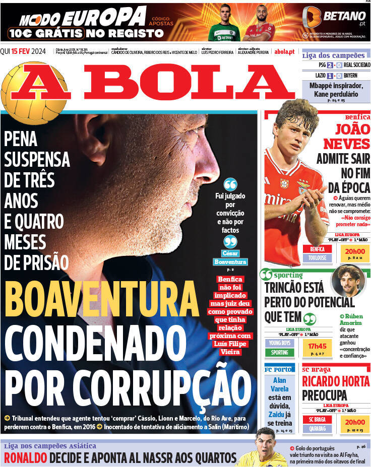 A Bola: Capa da Edi&ccedil;&atilde;o de quinta-feira, 15 de fevereiro 2024