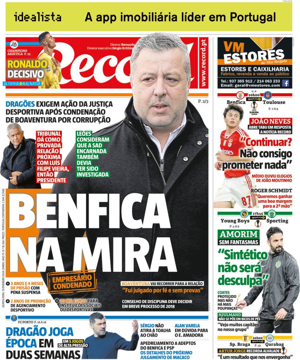 Record: Capa da Edi&ccedil;&atilde;o de quinta-feira, 15 de fevereiro 2024