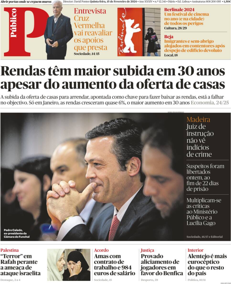 P&uacute;blico: Capa da Edi&ccedil;&atilde;o de quinta-feira, 15 de fevereiro 2024