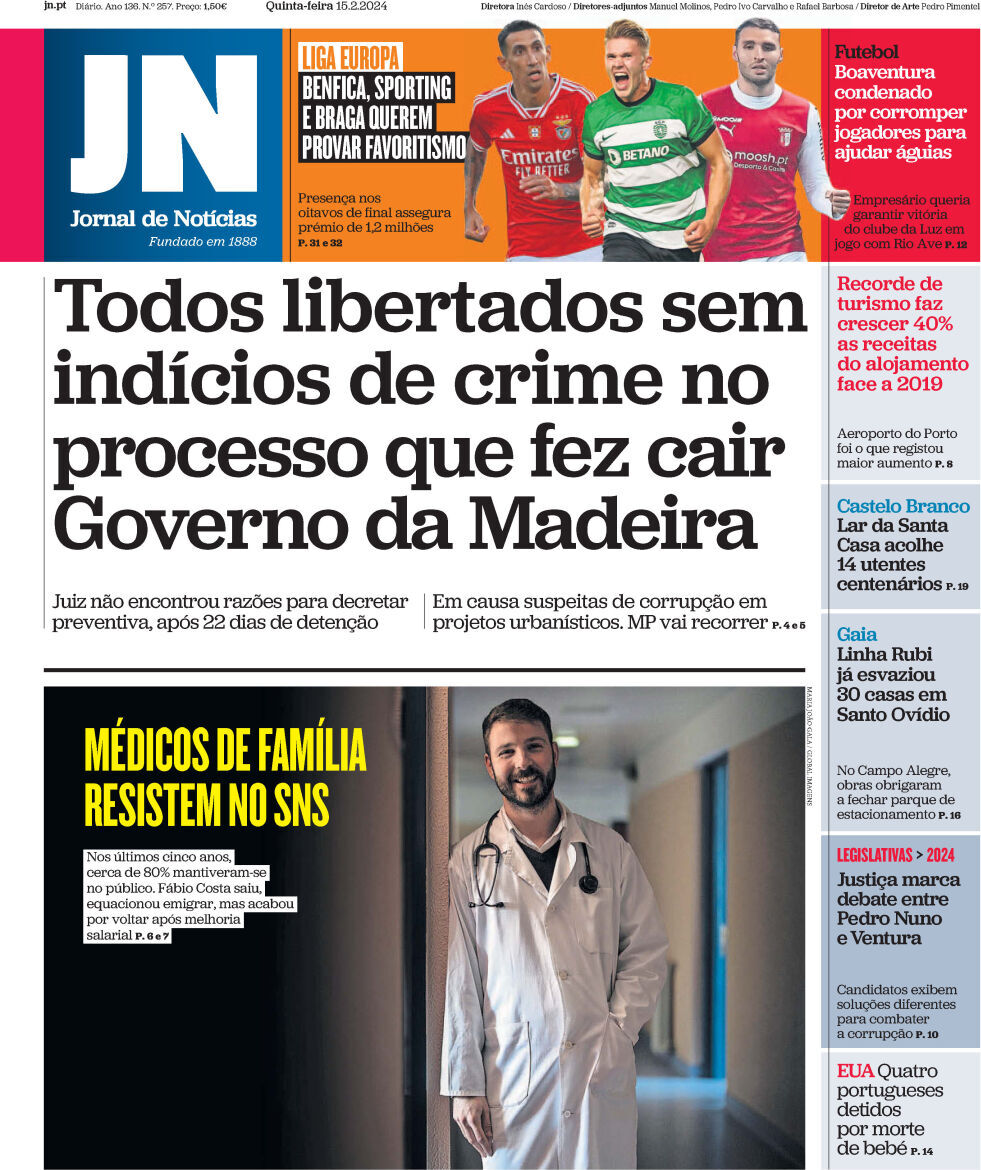 Jornal de Not&iacute;cias: Capa da Edi&ccedil;&atilde;o de quinta-feira, 15 de fevereiro 2024