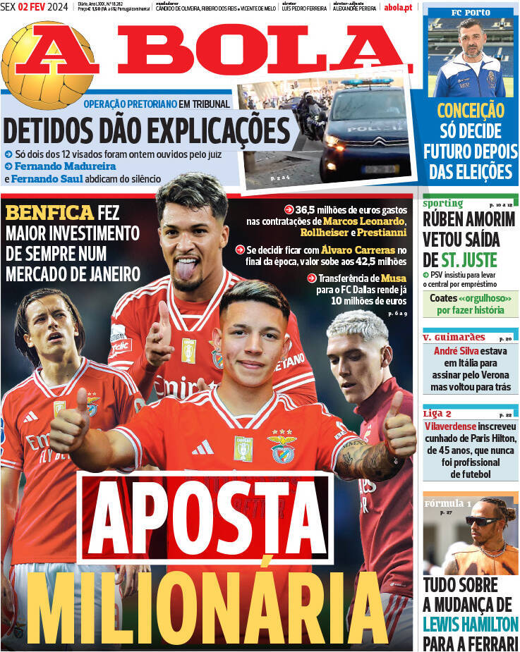 A Bola: Capa da Edi&ccedil;&atilde;o de sexta-feira, 02 de fevereiro 2024