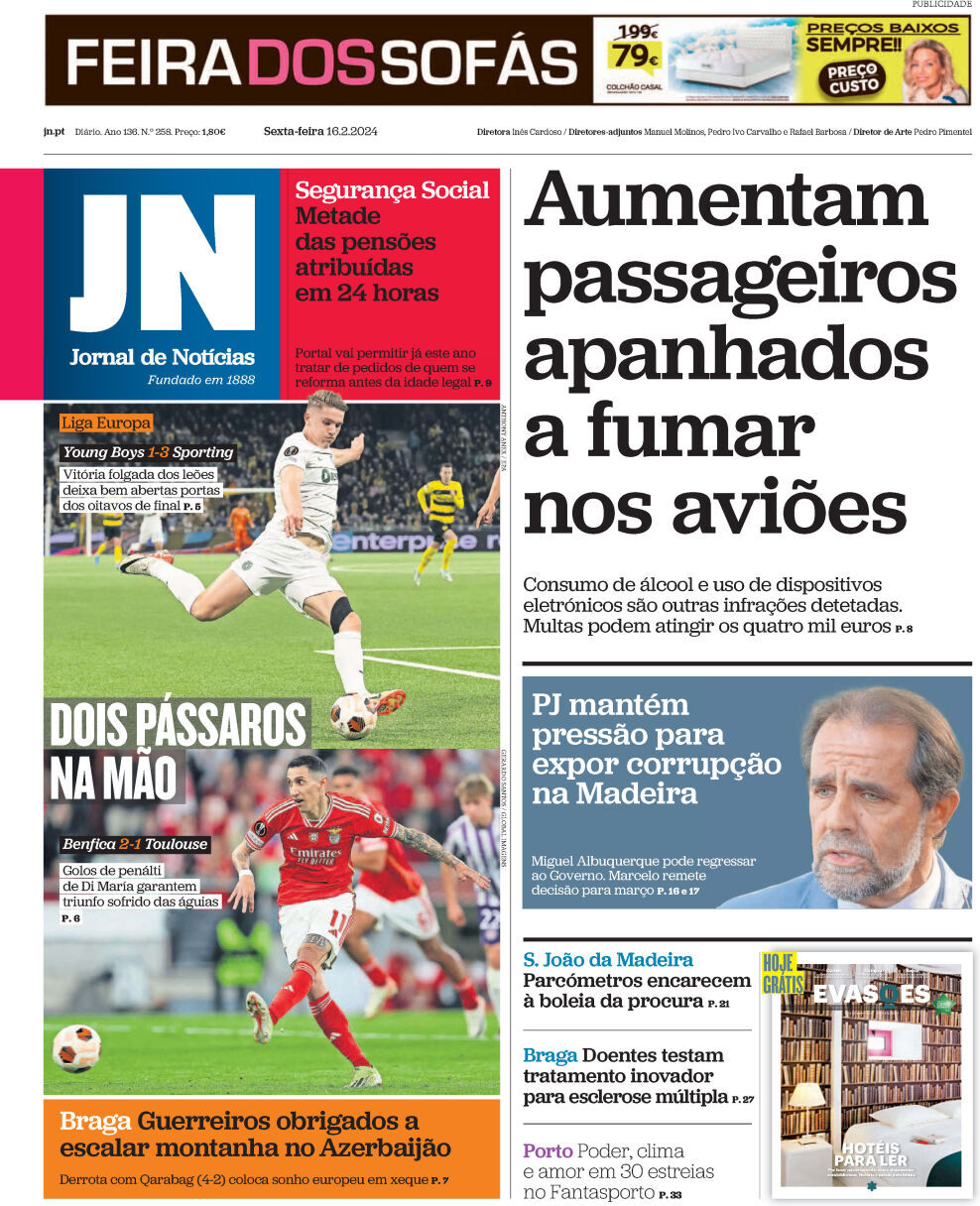 Jornal de Not&iacute;cias: Capa da Edi&ccedil;&atilde;o de sexta-feira, 16 de fevereiro 2024