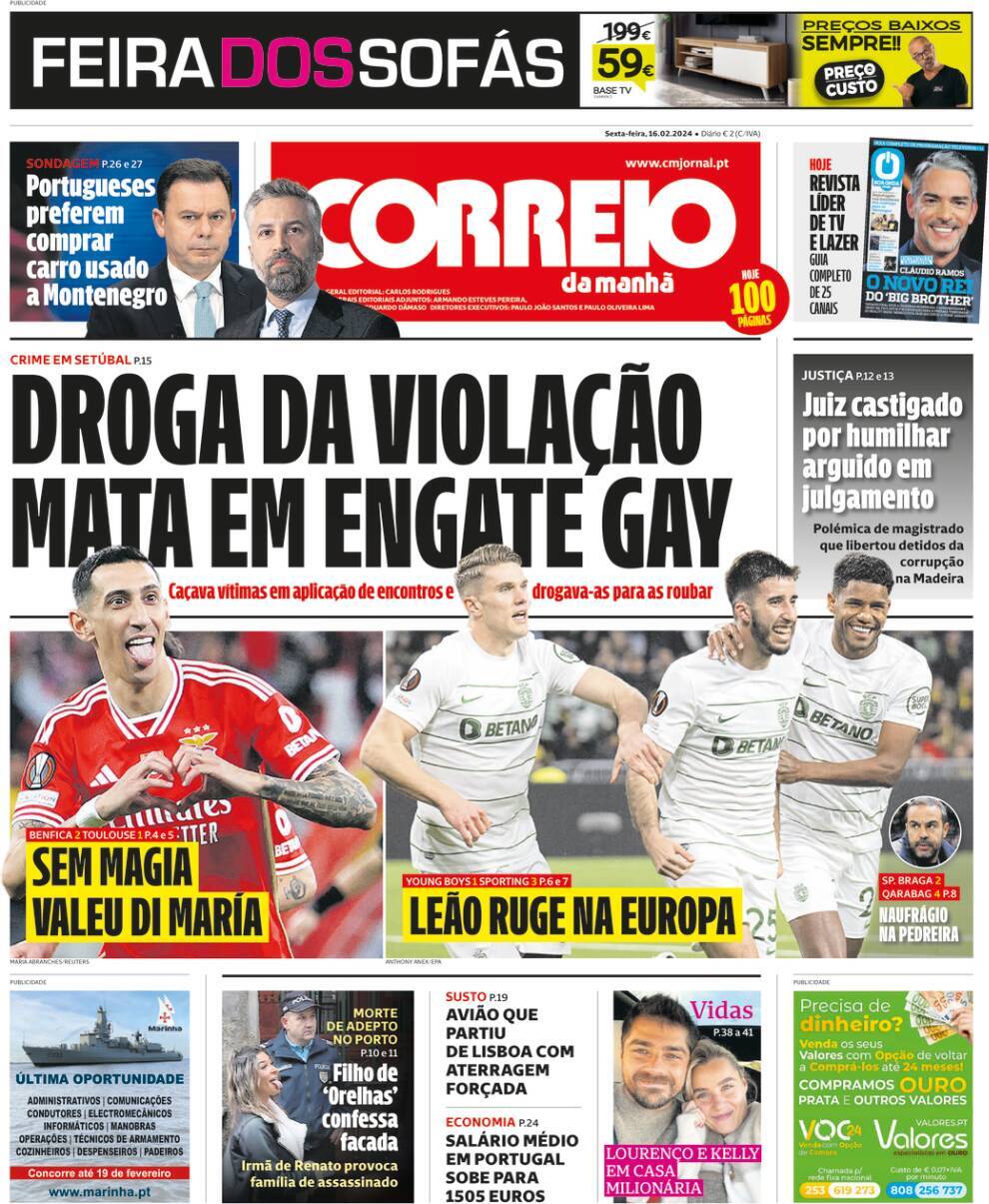 Correio da Manh&atilde;: Capa da Edi&ccedil;&atilde;o de sexta-feira, 16 de fevereiro 2024