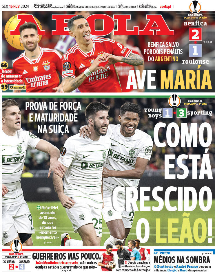 O Jogo: Capa da Edi&ccedil;&atilde;o de sexta-feira, 16 de fevereiro 2024