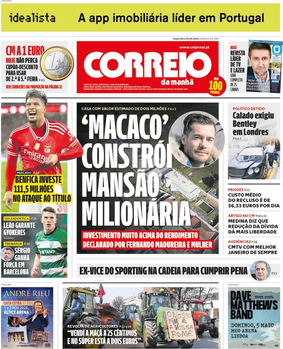 Correio da Manh&atilde;: Capa da Edi&ccedil;&atilde;o de sexta-feira, 02 de fevereiro 2024