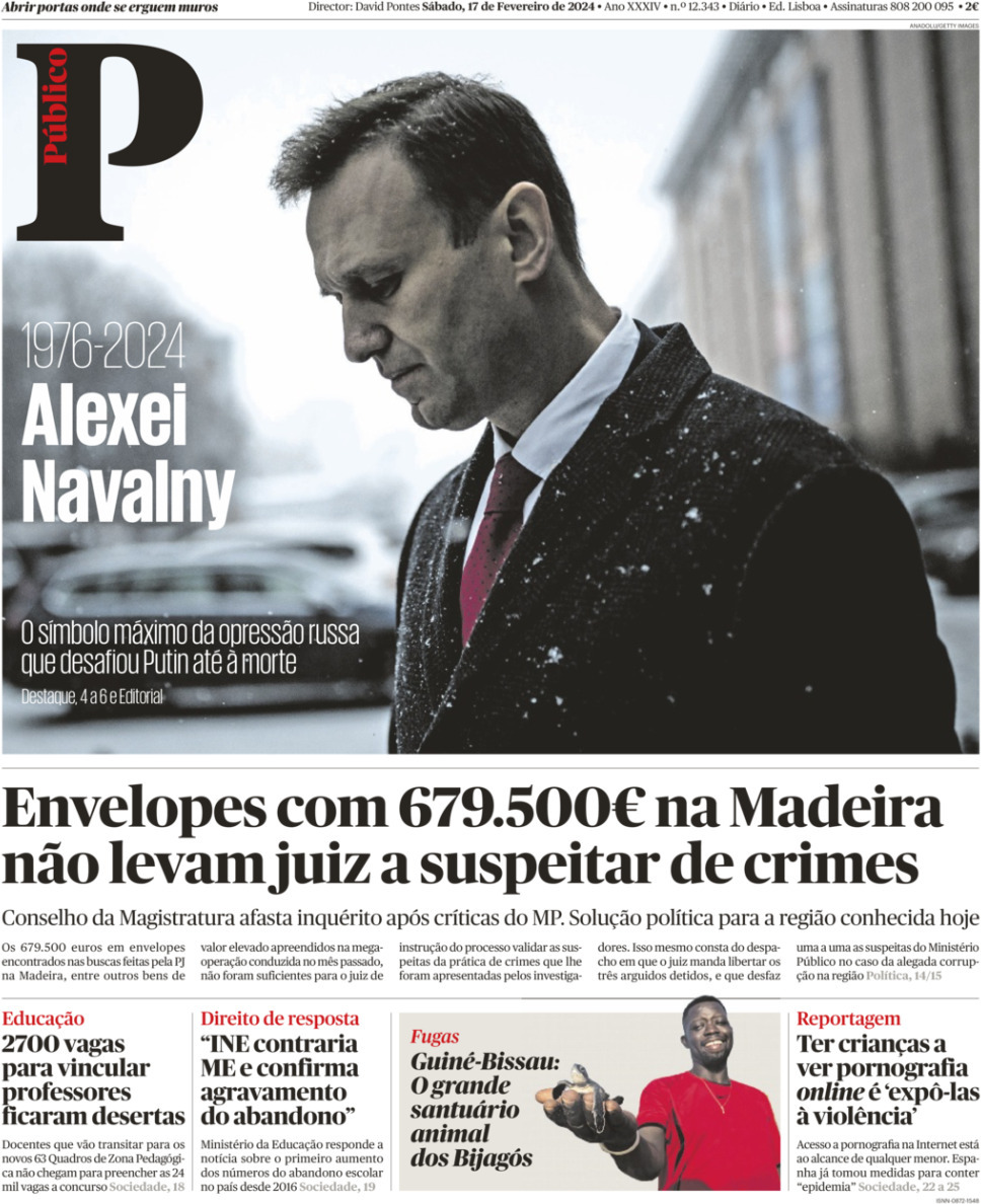 P&uacute;blico: Capa da Edi&ccedil;&atilde;o de s&aacute;bado, 17 de fevereiro 2024
