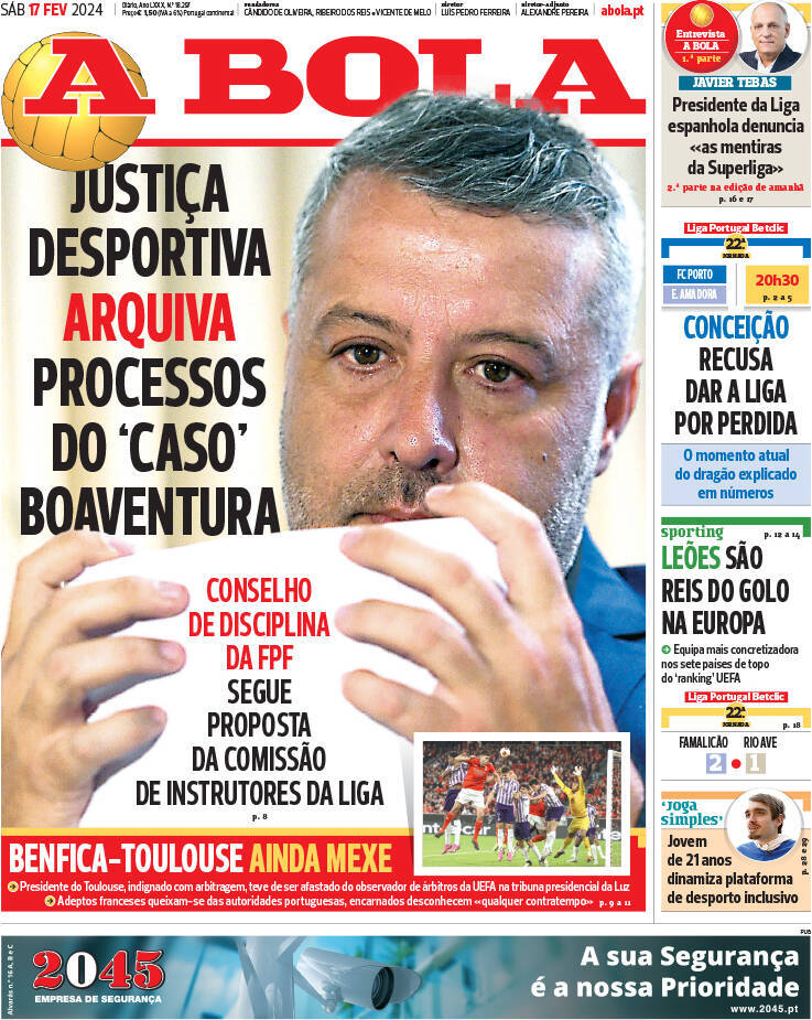 A Bola: Capa da Edi&ccedil;&atilde;o de s&aacute;bado, 17 de fevereiro 2024