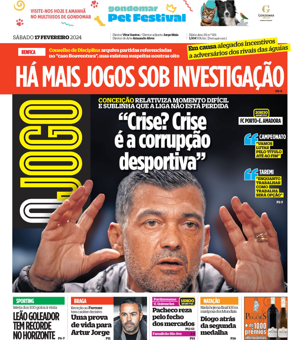 O Jogo: Capa da Edi&ccedil;&atilde;o de s&aacute;bado, 17 de fevereiro 2024