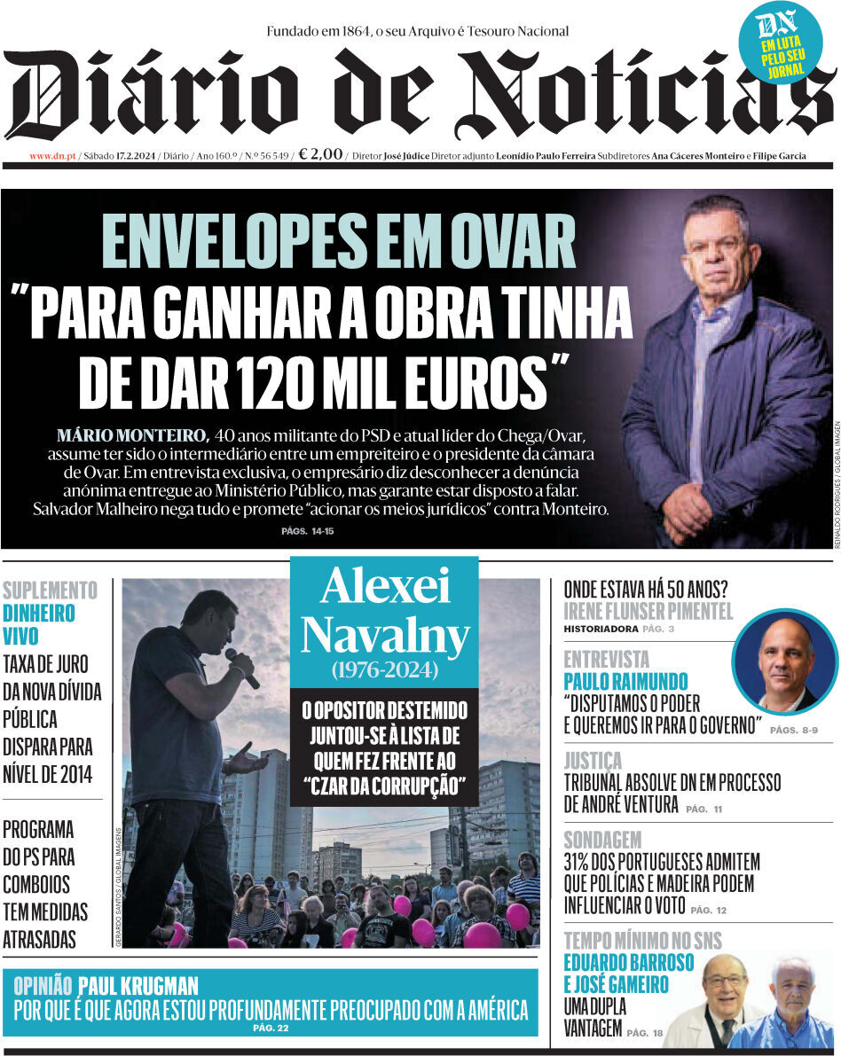Di&aacute;rio de Not&iacute;cias: Capa da Edi&ccedil;&atilde;o de s&aacute;bado, 17 de fevereiro 2024