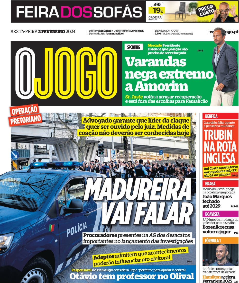 O Jogo: Capa da Edi&ccedil;&atilde;o de sexta-feira, 02 de fevereiro 2024