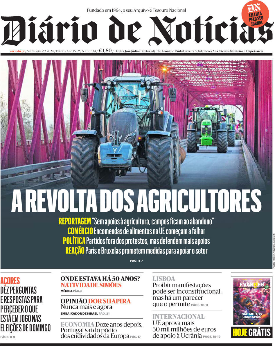 Di&aacute;rio de Not&iacute;cias: Capa da Edi&ccedil;&atilde;o de sexta-feira, 02 de fevereiro 2024