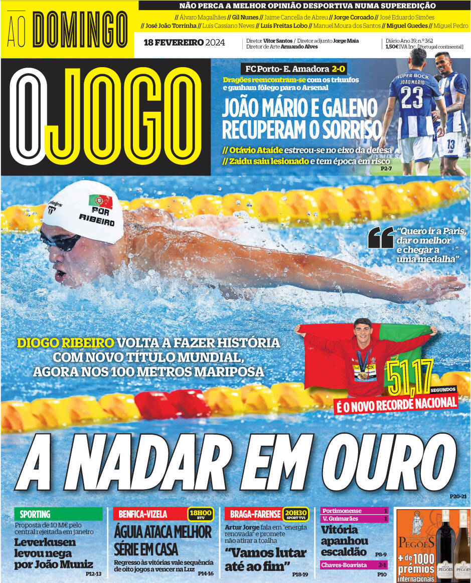 O Jogo: Capa da Edi&ccedil;&atilde;o de domingo, 18 de fevereiro 2024