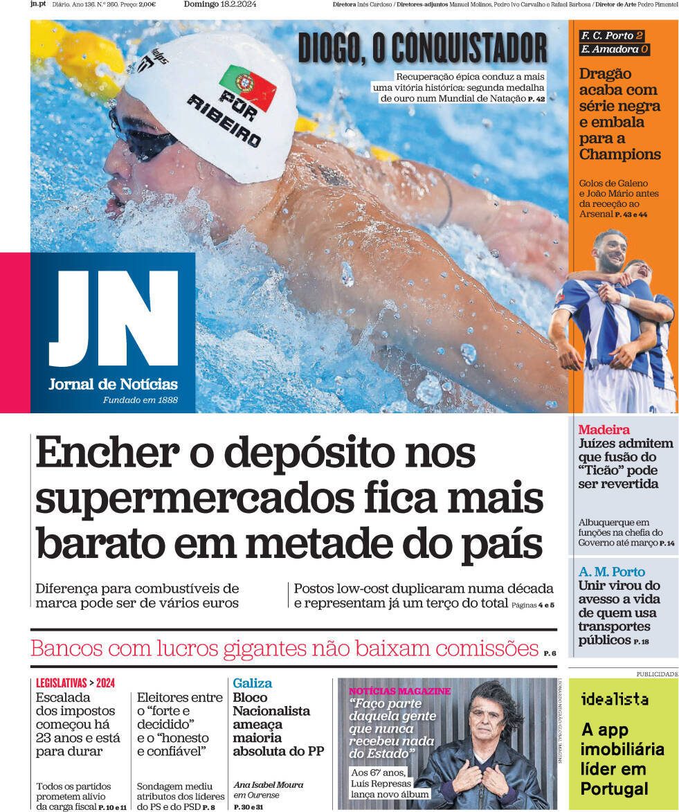 Jornal de Not&iacute;cias: Capa da Edi&ccedil;&atilde;o de domingo, 18 de fevereiro 2024