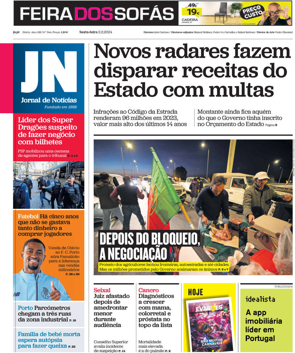 Jornal de Not&iacute;cias: Capa da Edi&ccedil;&atilde;o de sexta-feira, 02 de fevereiro 2024