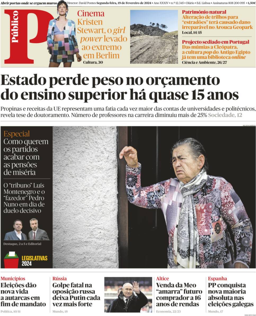 P&uacute;blico: Capa da Edi&ccedil;&atilde;o de segunda-feira, 19 de fevereiro 2024
