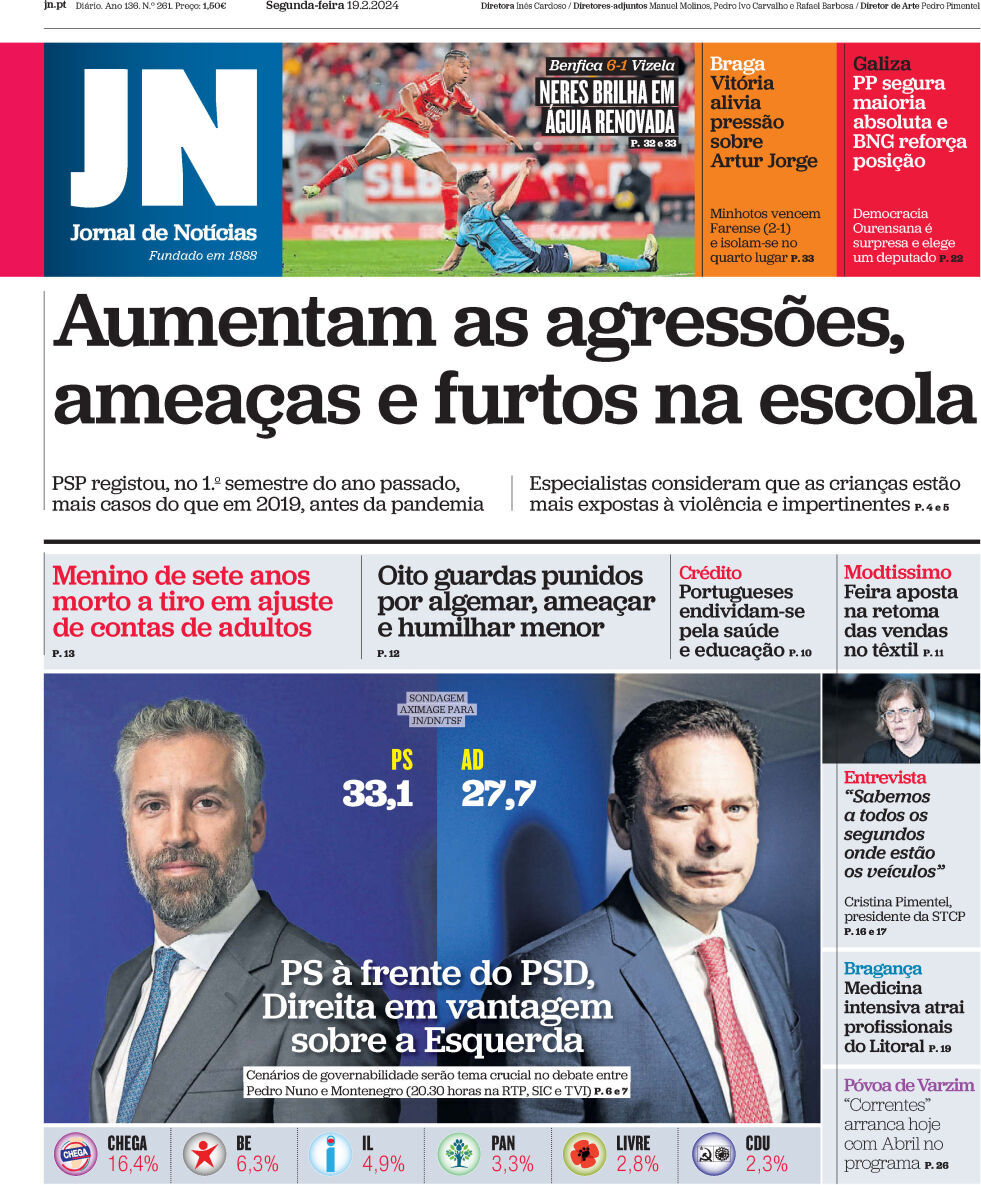 Jornal de Not&iacute;cias: Capa da Edi&ccedil;&atilde;o de segunda-feira, 19 de fevereiro 2024