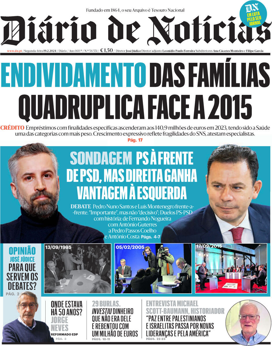 Di&aacute;rio de Not&iacute;cias: Capa da Edi&ccedil;&atilde;o de segunda-feira, 19 de fevereiro 2024
