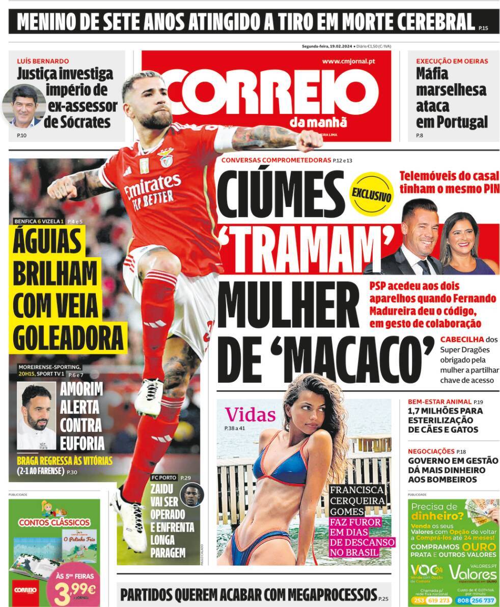 Correio da Manh&atilde;: Capa da Edi&ccedil;&atilde;o de segunda-feira, 19 de fevereiro 2024