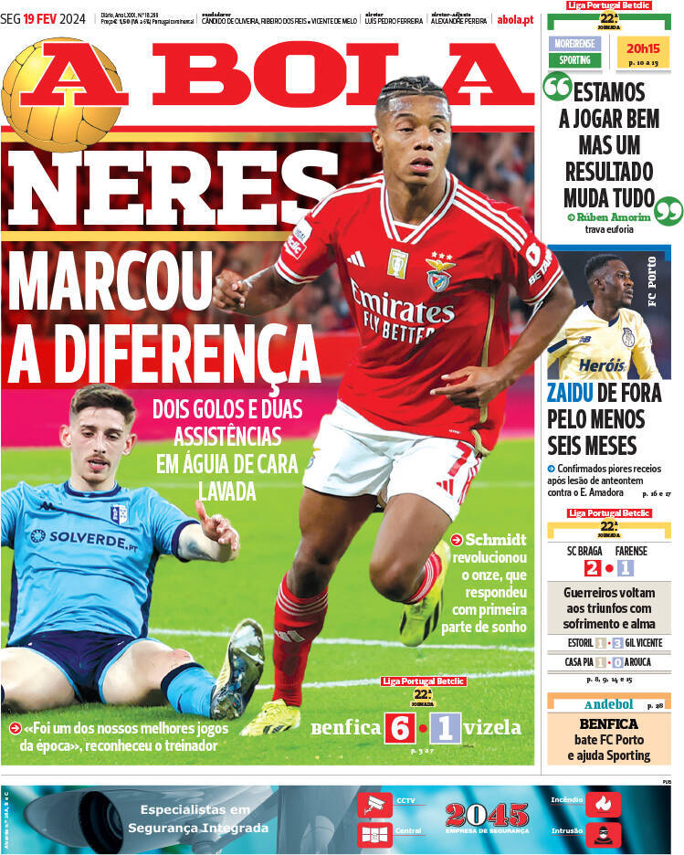 A Bola: Capa da Edi&ccedil;&atilde;o de segunda-feira, 19 de fevereiro 2024