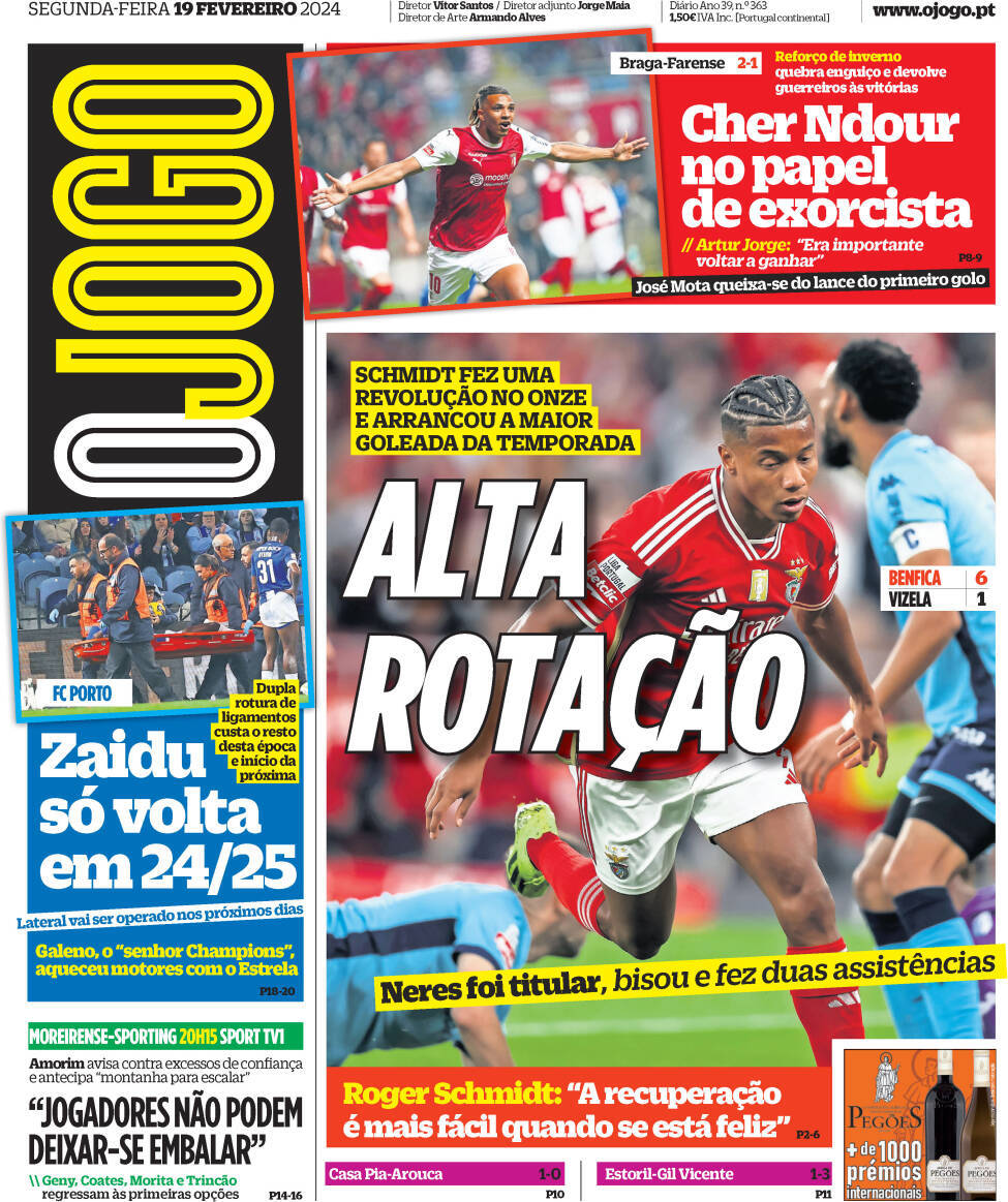O Jogo: Capa da Edi&ccedil;&atilde;o de segunda-feira, 19 de fevereiro 2024