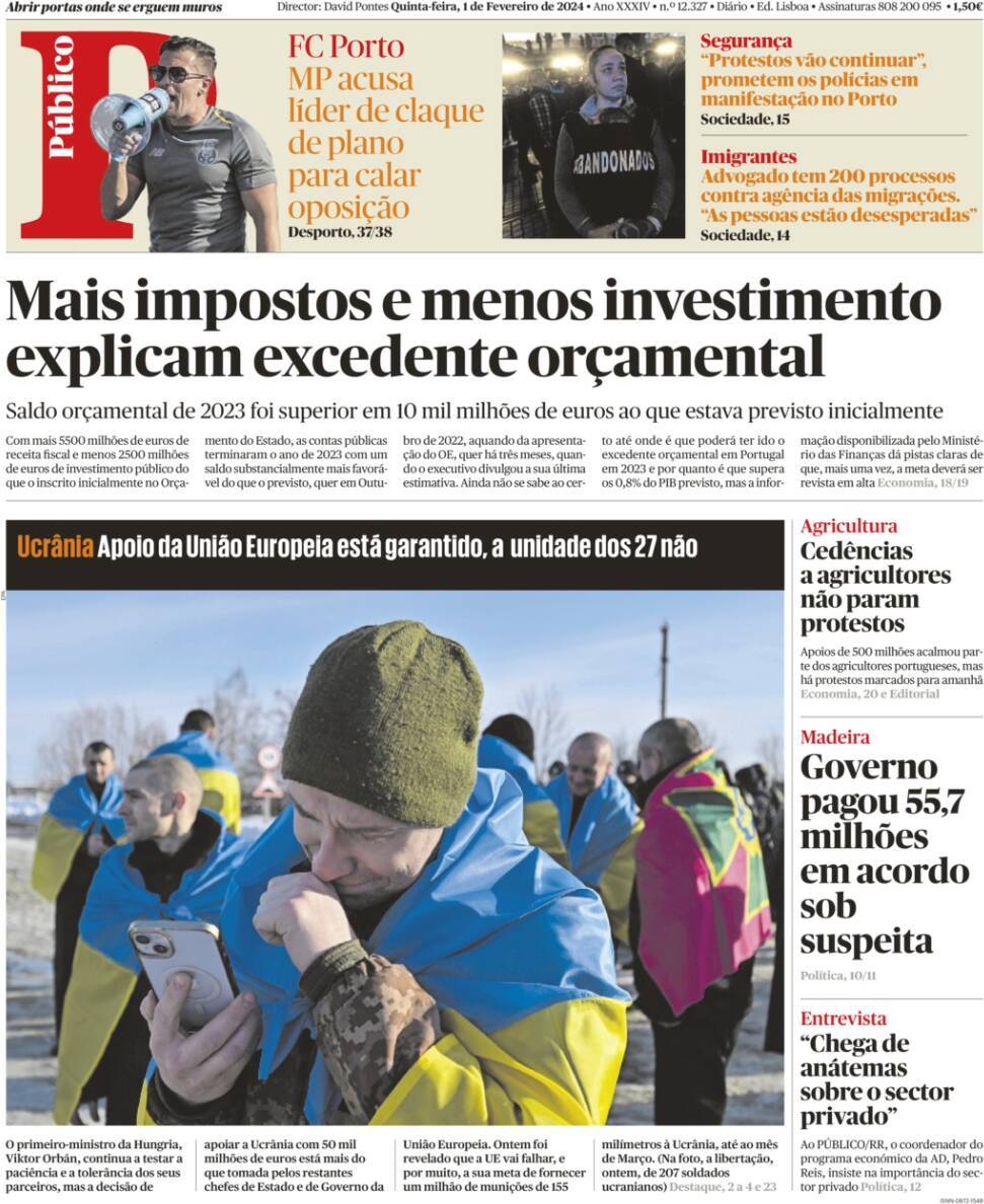P&uacute;blico: Capa da Edi&ccedil;&atilde;o de quinta-feira, 01 de fevereiro 2024