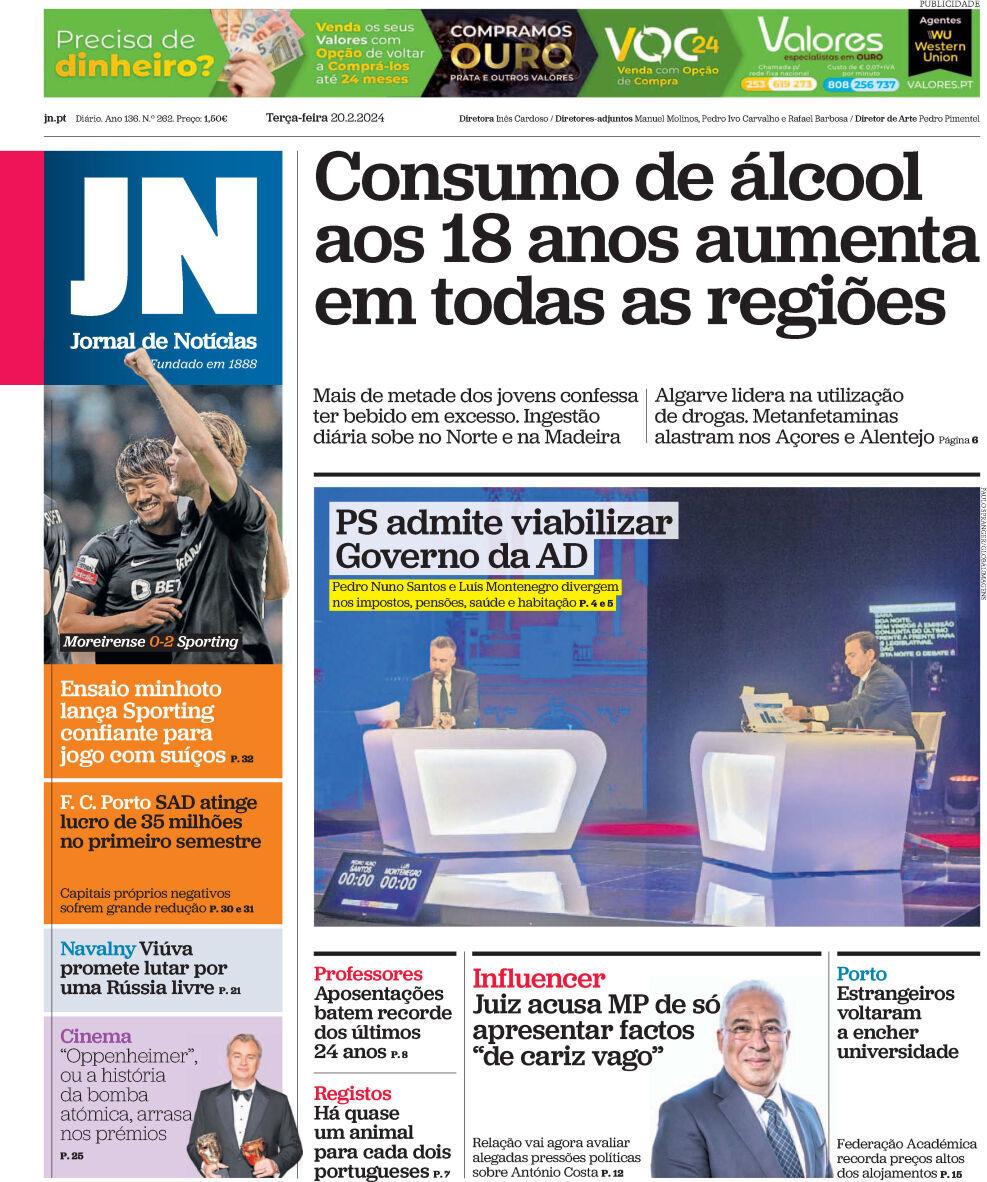 Jornal de Not&iacute;cias: Capa da Edi&ccedil;&atilde;o de ter&ccedil;a-feira, 20 de fevereiro 2024