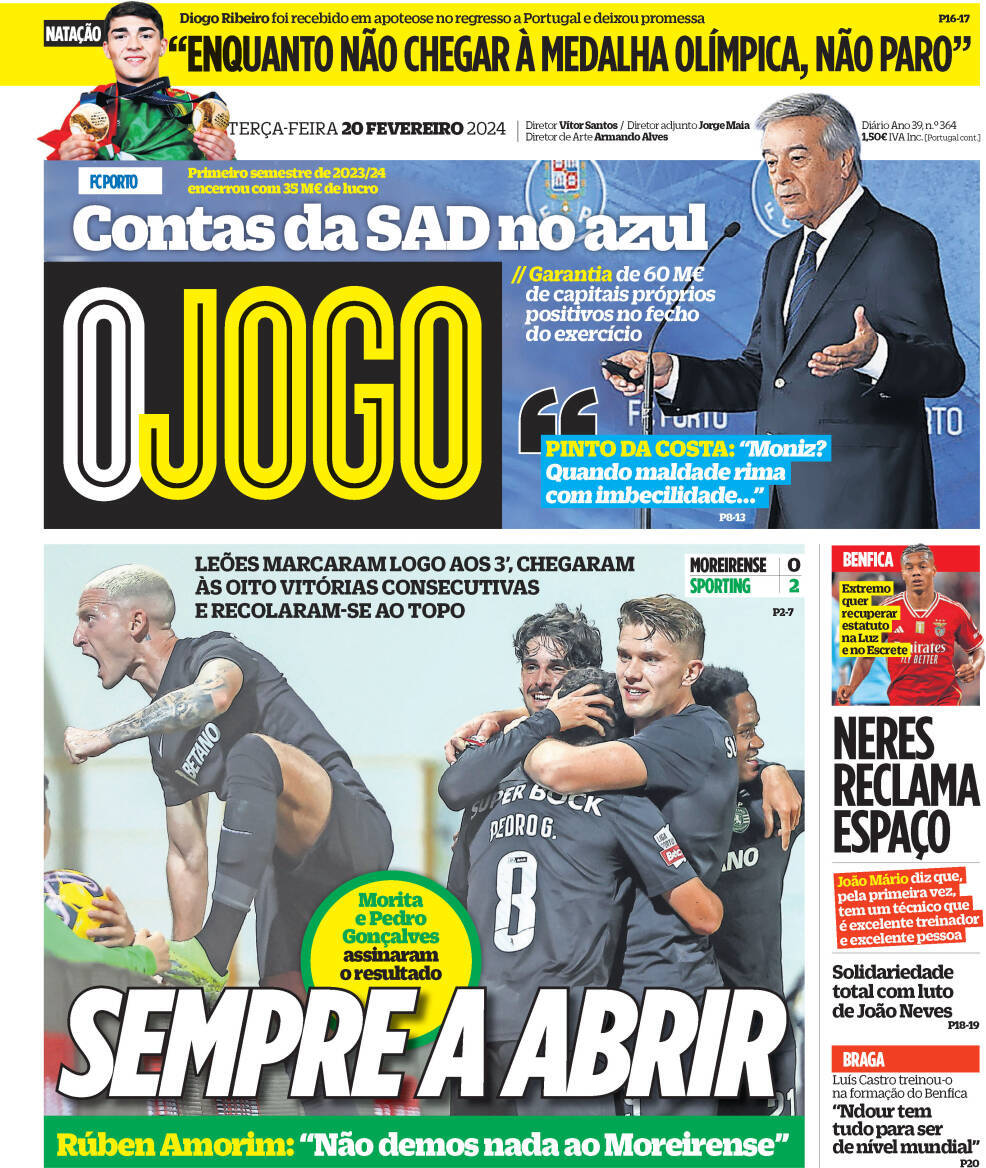 O Jogo: Capa da Edi&ccedil;&atilde;o de ter&ccedil;a-feira, 20 de fevereiro 2024