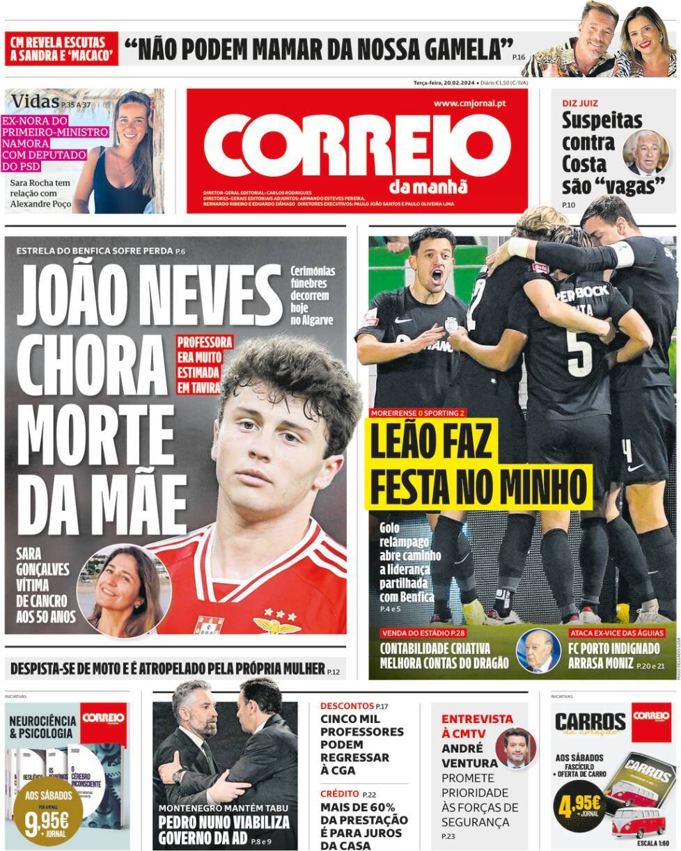Correio da Manh&atilde;: Capa da Edi&ccedil;&atilde;o de ter&ccedil;a-feira, 20 de fevereiro 2024