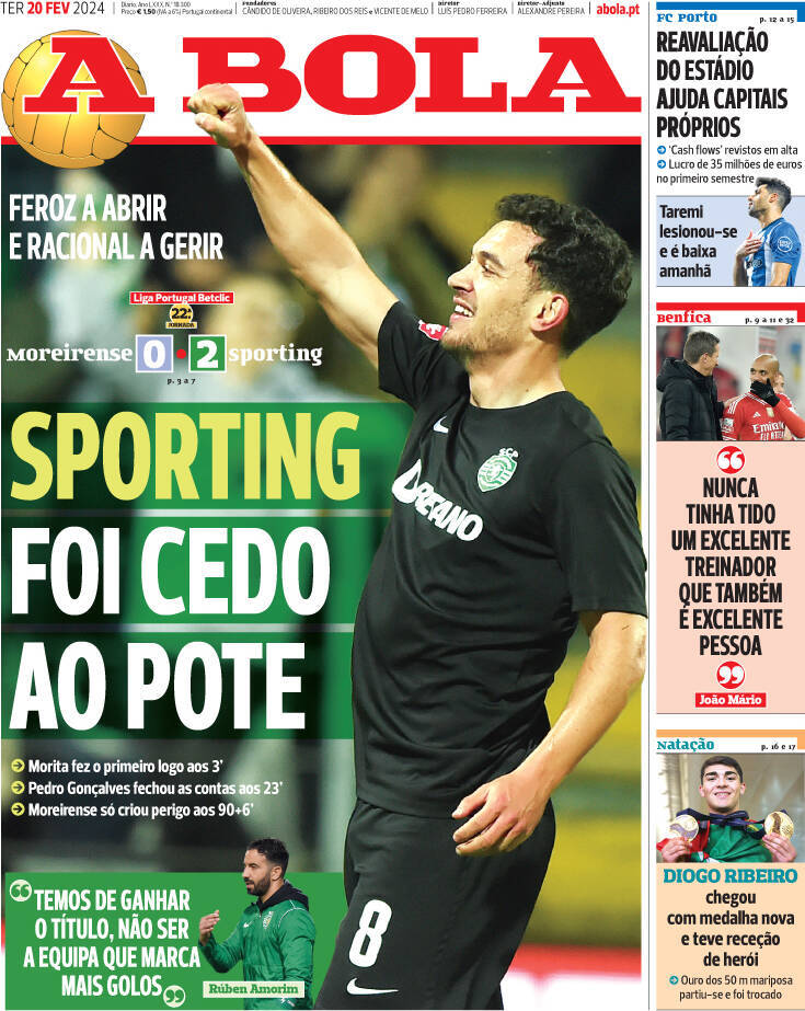 A Bola: Capa da Edi&ccedil;&atilde;o de ter&ccedil;a-feira, 20 de fevereiro 2024