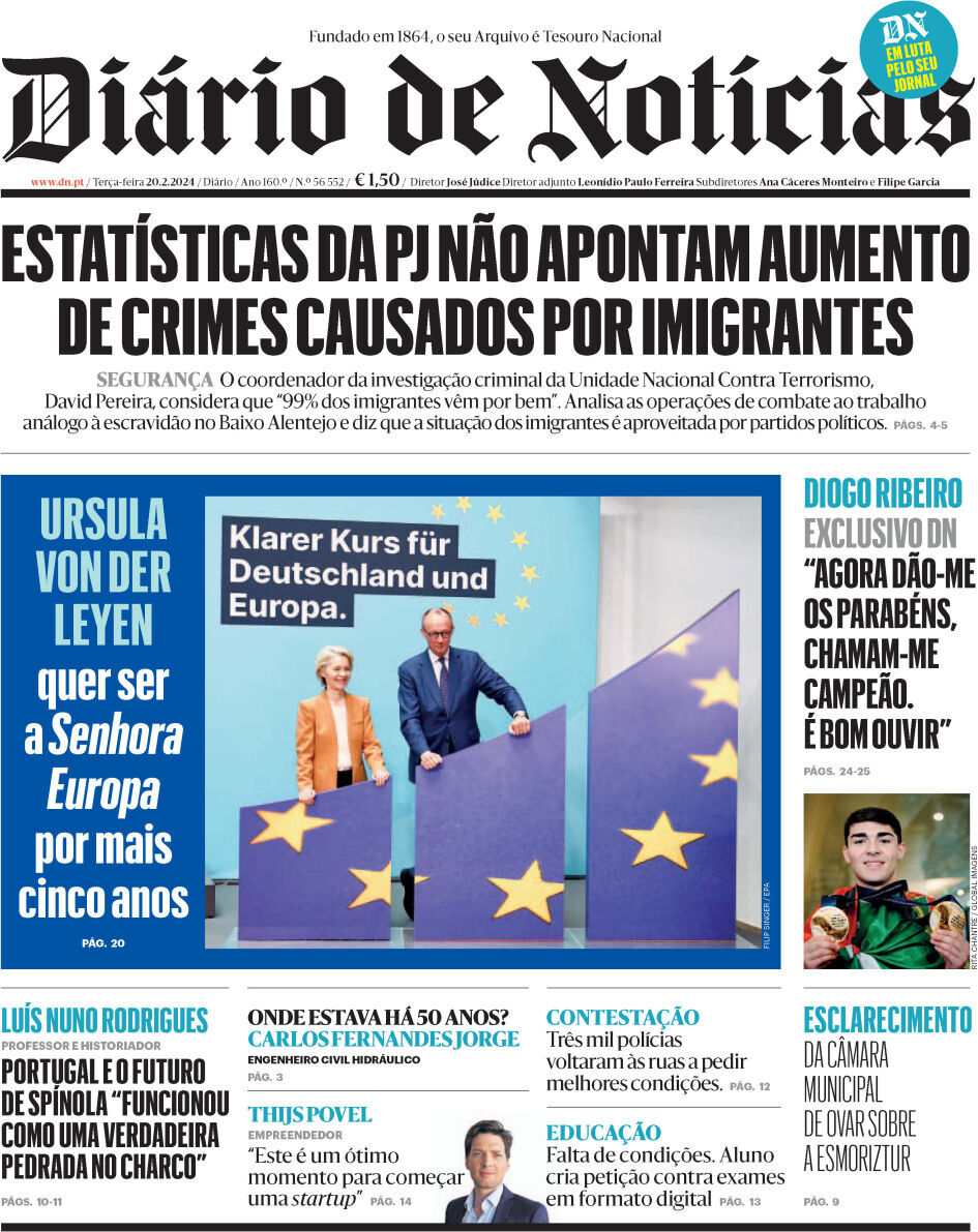 Di&aacute;rio de Not&iacute;cias: Capa da Edi&ccedil;&atilde;o de ter&ccedil;a-feira, 20 de fevereiro 2024