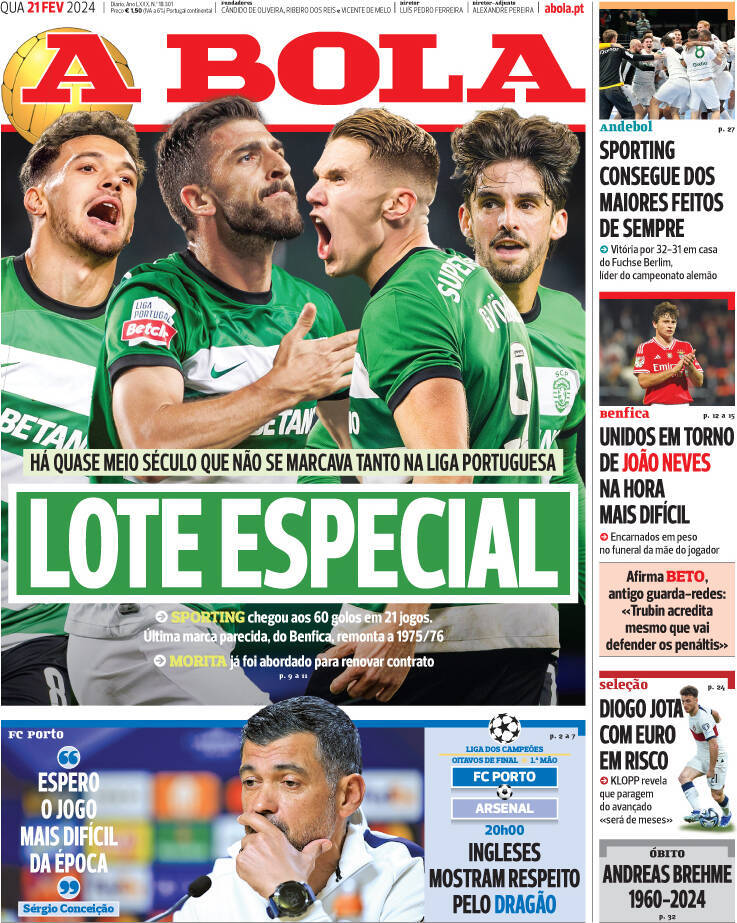 A Bola: Capa da Edi&ccedil;&atilde;o de quarta-feira, 21 de fevereiro 2024