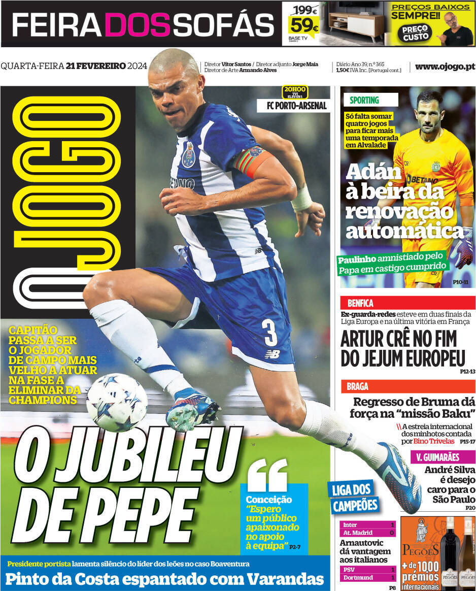 O Jogo: Capa da Edi&ccedil;&atilde;o de quarta-feira, 21 de fevereiro 2024