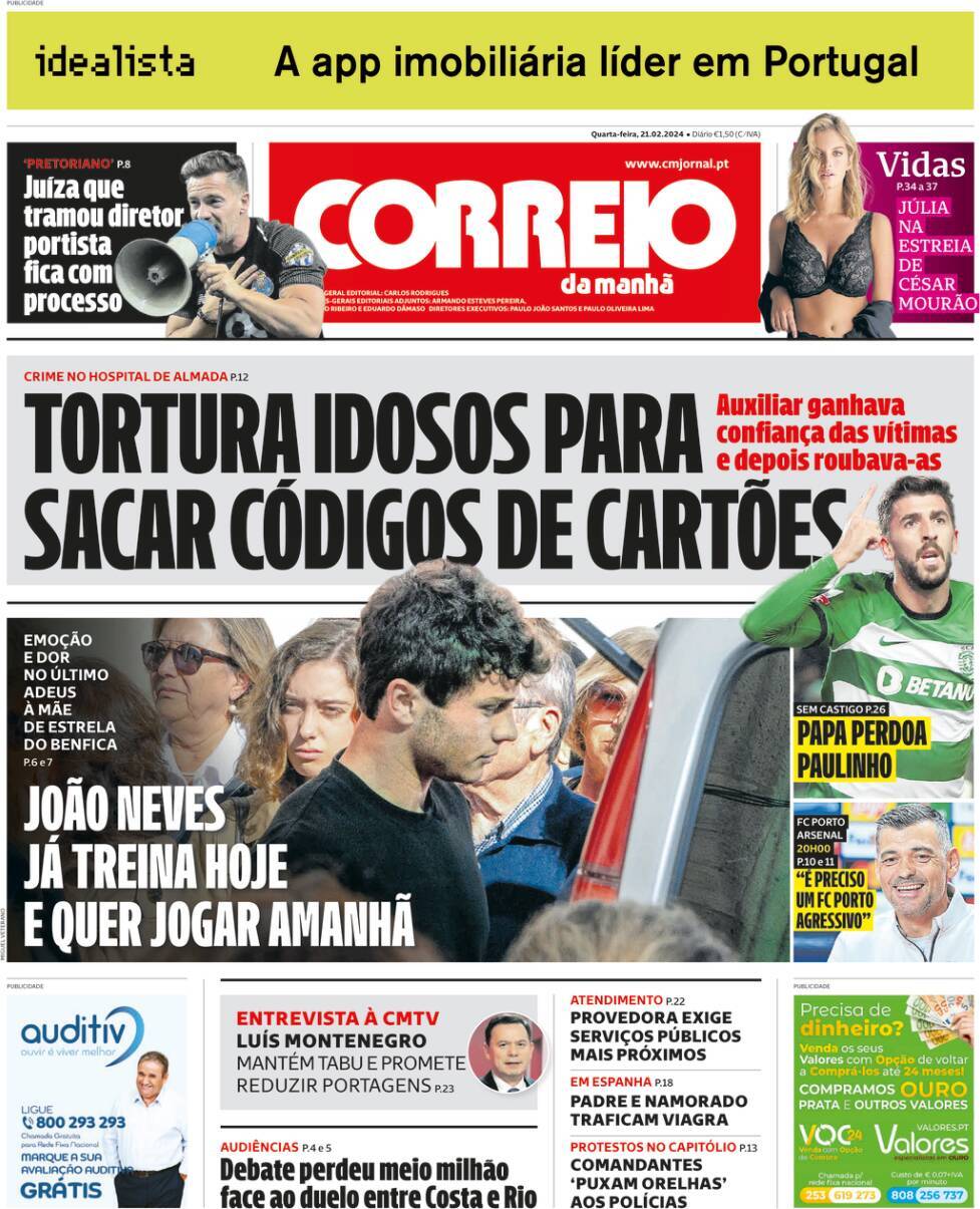 Correio da Manh&atilde;: Capa da Edi&ccedil;&atilde;o de quarta-feira, 21 de fevereiro 2024