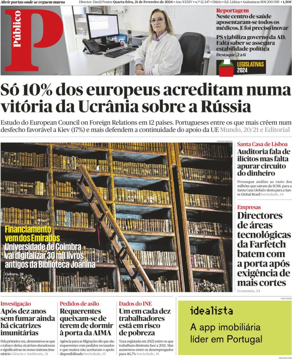 P&uacute;blico: Capa da Edi&ccedil;&atilde;o de quarta-feira, 21 de fevereiro 2024