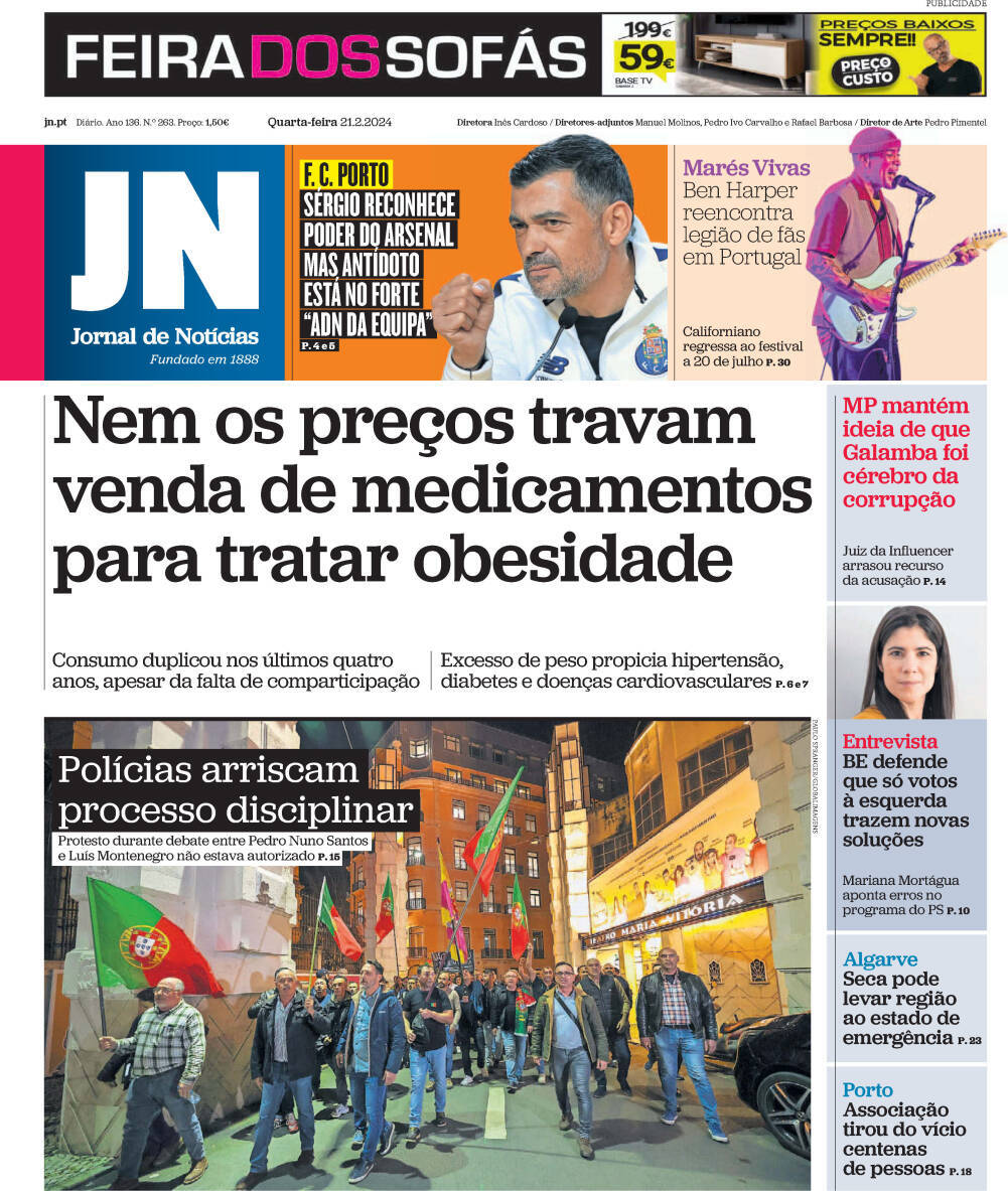 Jornal de Not&iacute;cias: Capa da Edi&ccedil;&atilde;o de quarta-feira, 21 de fevereiro 2024