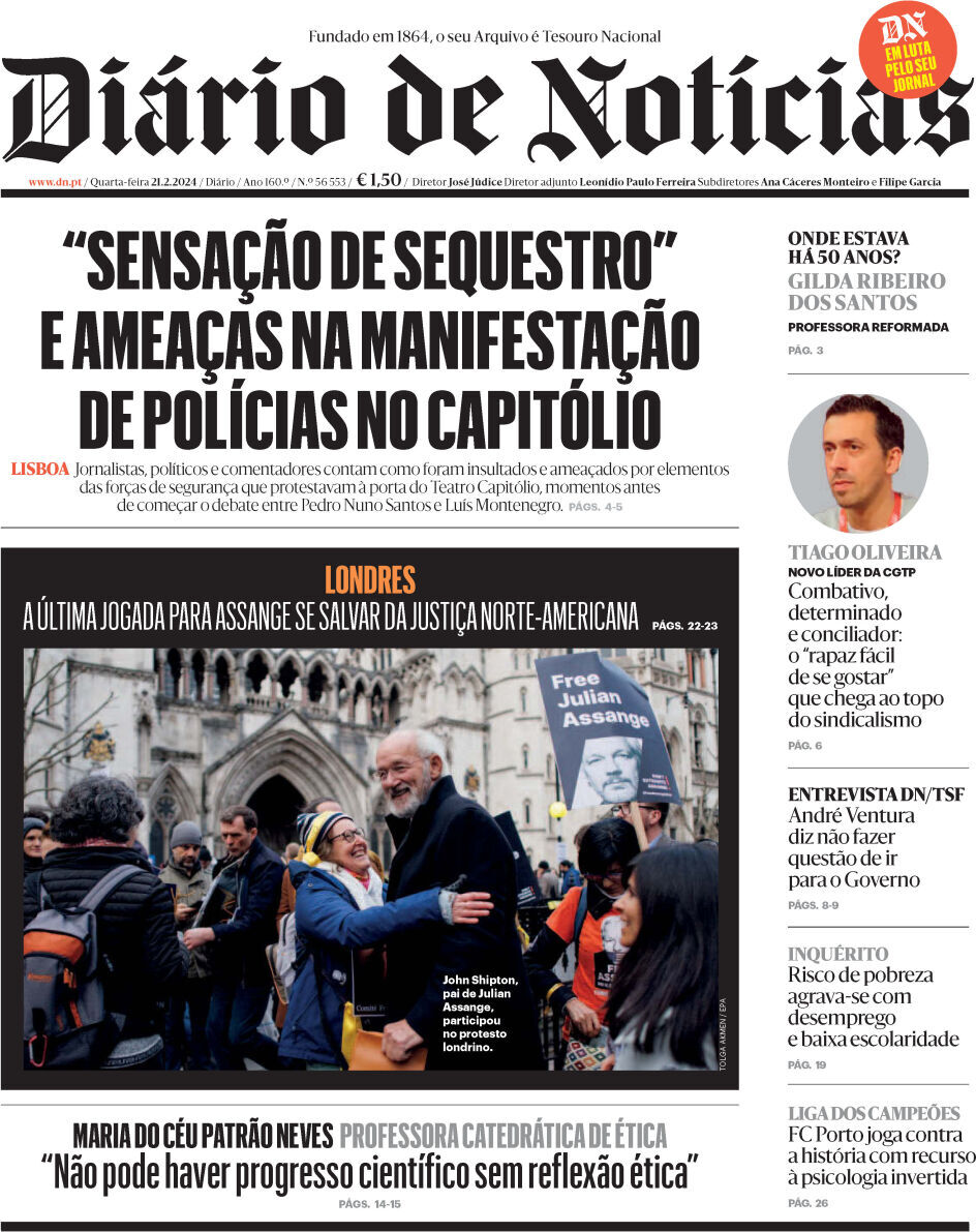Di&aacute;rio de Not&iacute;cias: Capa da Edi&ccedil;&atilde;o de quarta-feira, 21 de fevereiro 2024