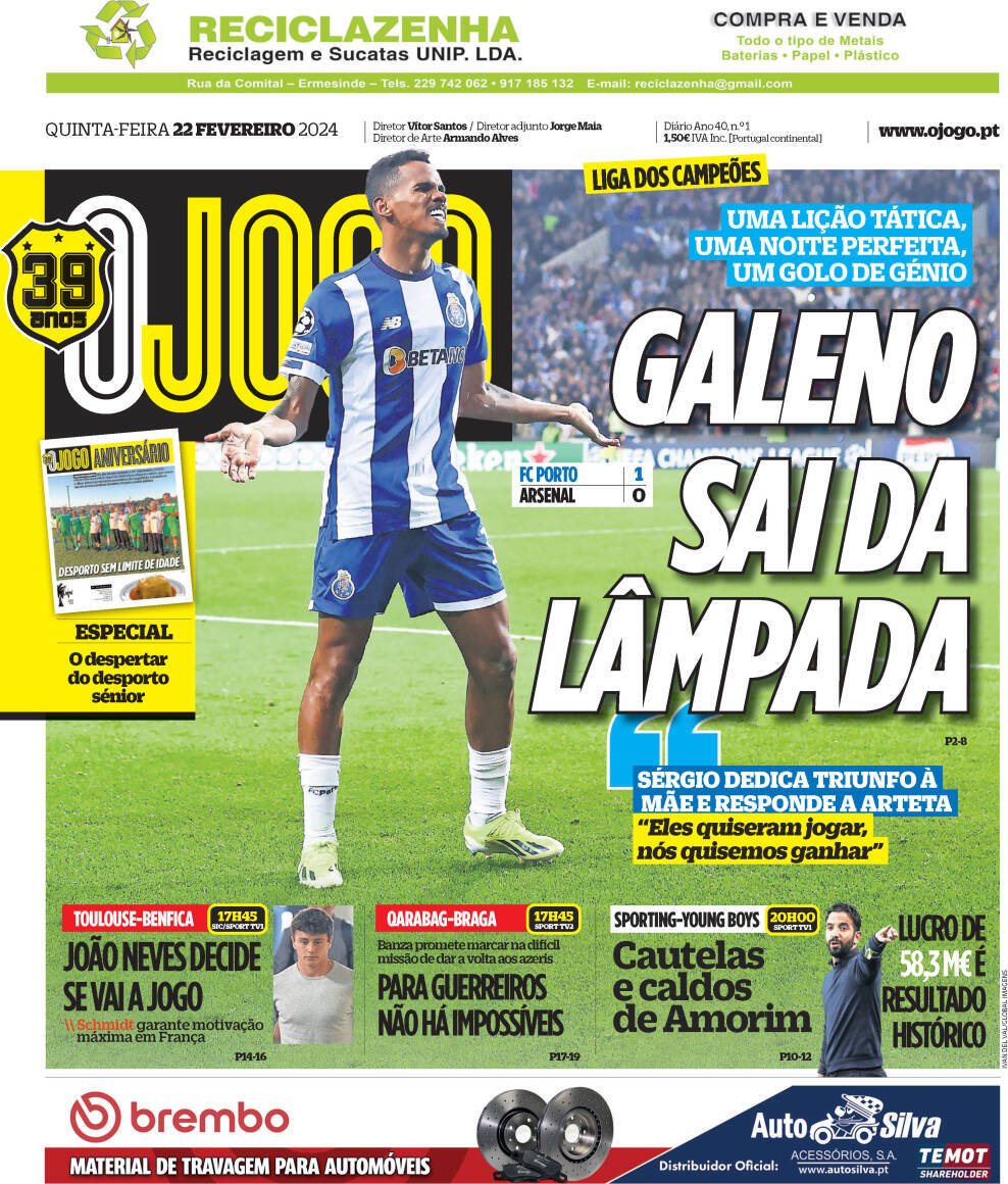 O Jogo: Capa da Edi&ccedil;&atilde;o de quinta-feira, 22 de fevereiro 2024