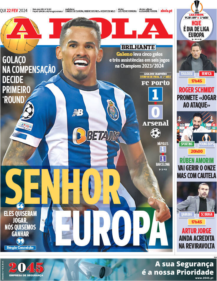 A Bola: Capa da Edi&ccedil;&atilde;o de quinta-feira, 22 de fevereiro 2024