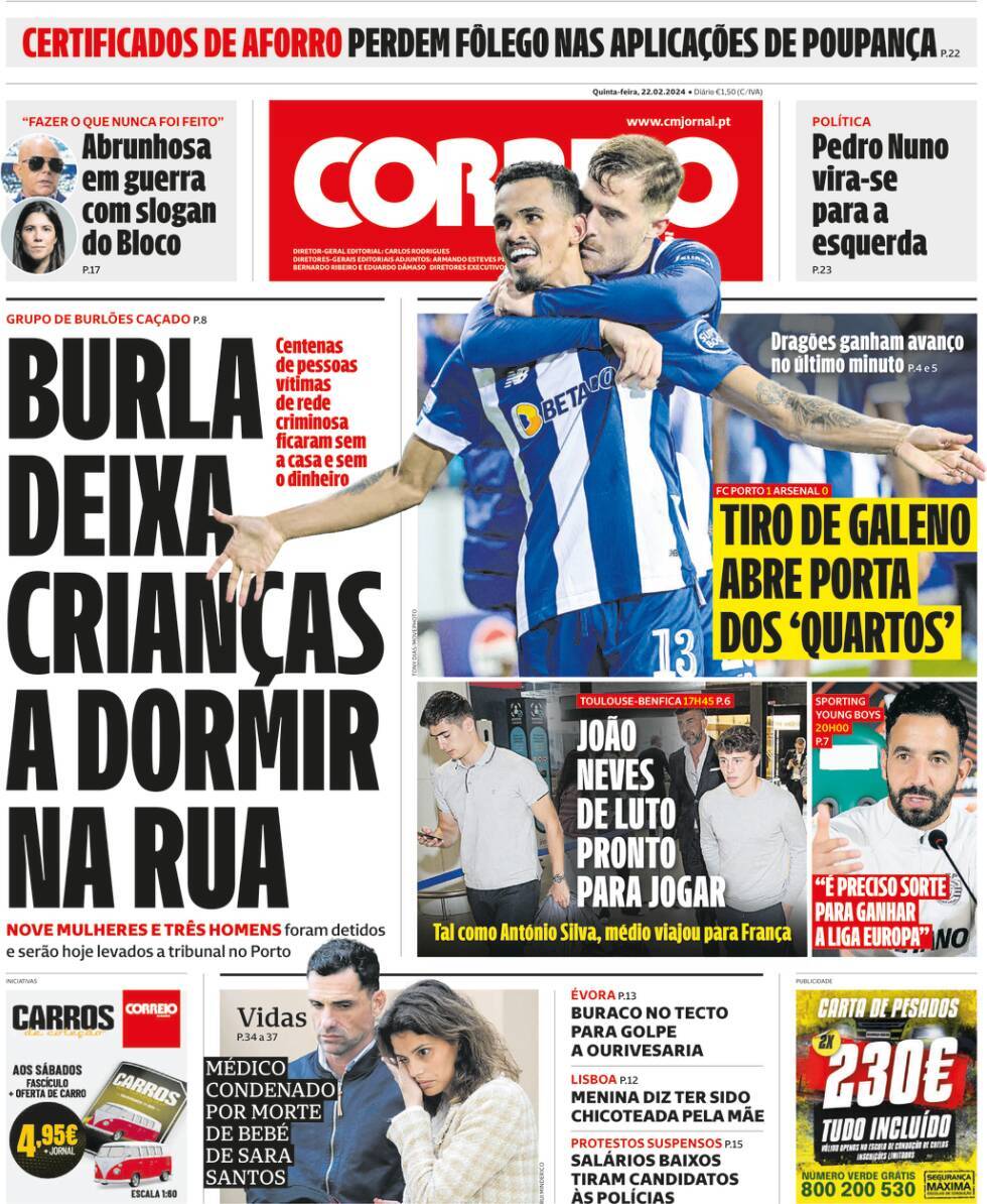 Correio da Manh&atilde;: Capa da Edi&ccedil;&atilde;o de quinta-feira, 22 de fevereiro 2024