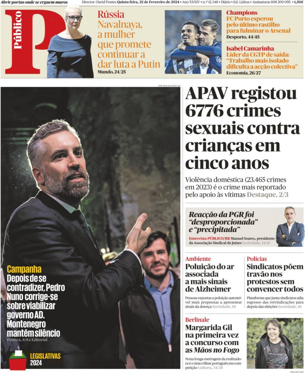 P&uacute;blico: Capa da Edi&ccedil;&atilde;o de quinta-feira, 22 de fevereiro 2024