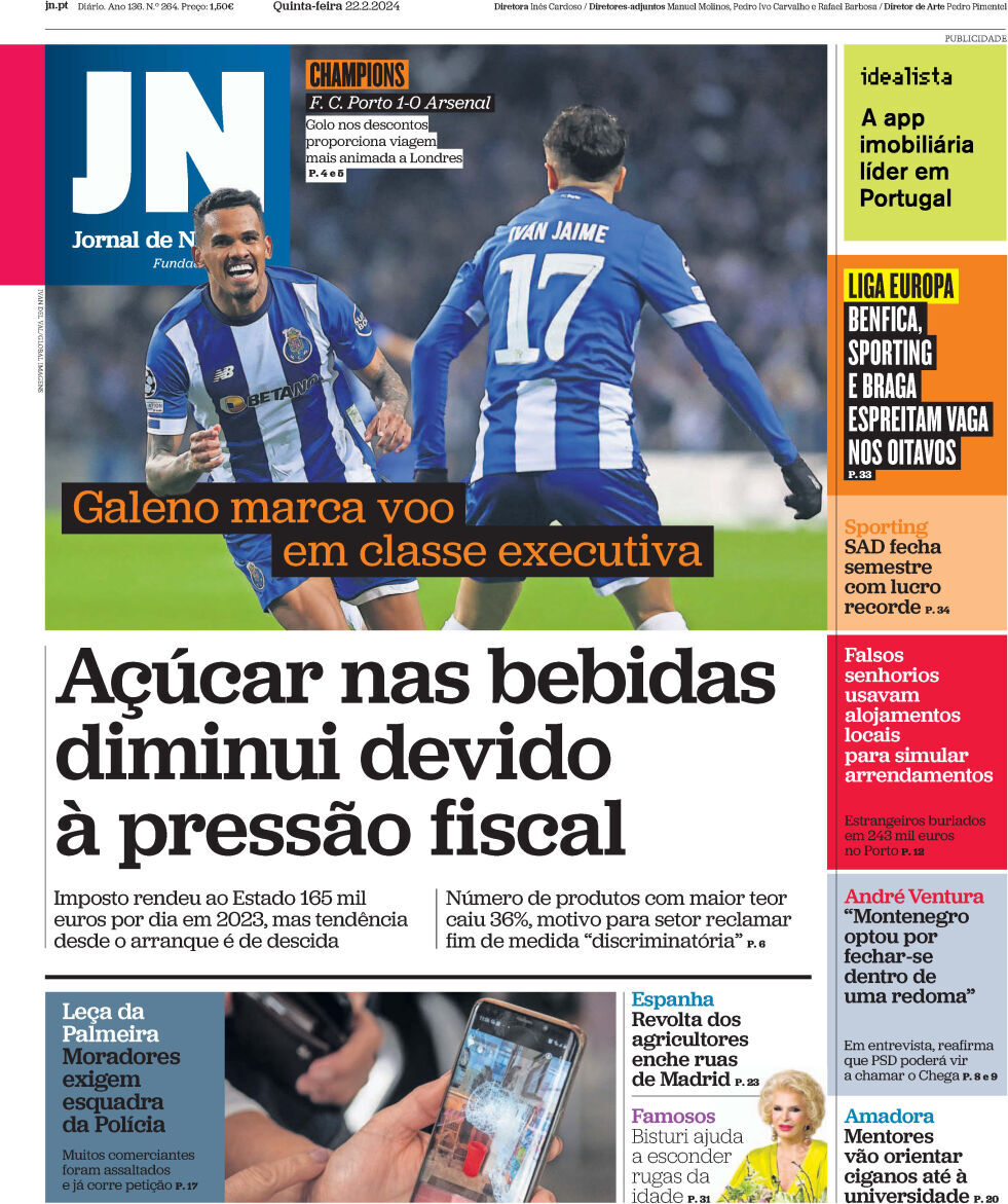 Jornal de Not&iacute;cias: Capa da Edi&ccedil;&atilde;o de quinta-feira, 22 de fevereiro 2024