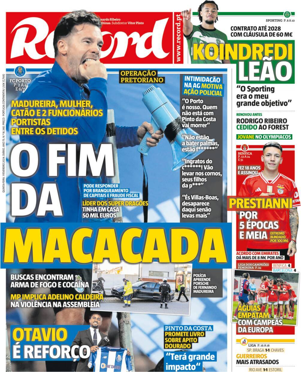 Record: Capa da Edi&ccedil;&atilde;o de quinta-feira, 01 de fevereiro 2024