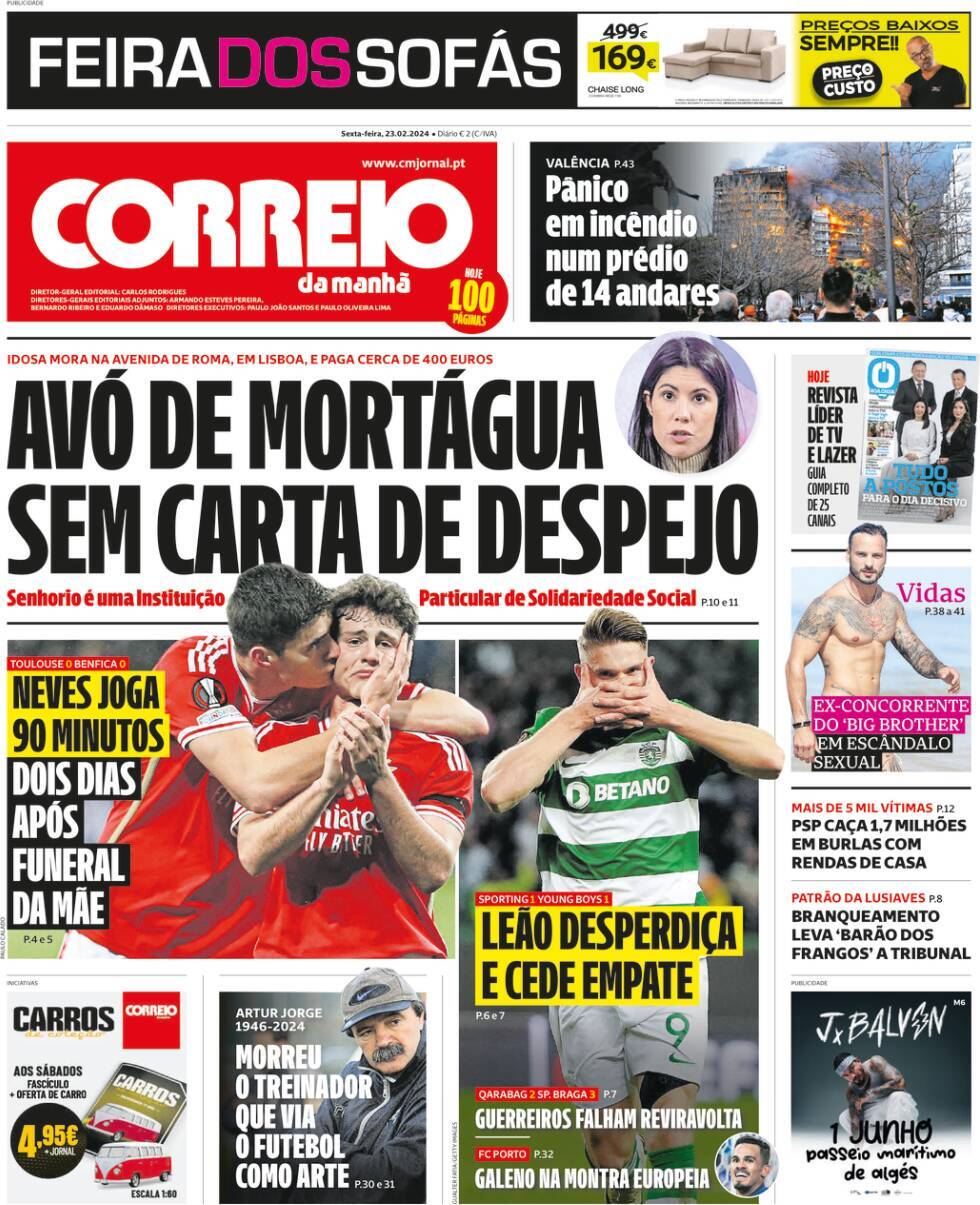 Correio da Manh&atilde;: Capa da Edi&ccedil;&atilde;o de sexta-feira, 23 de fevereiro 2024