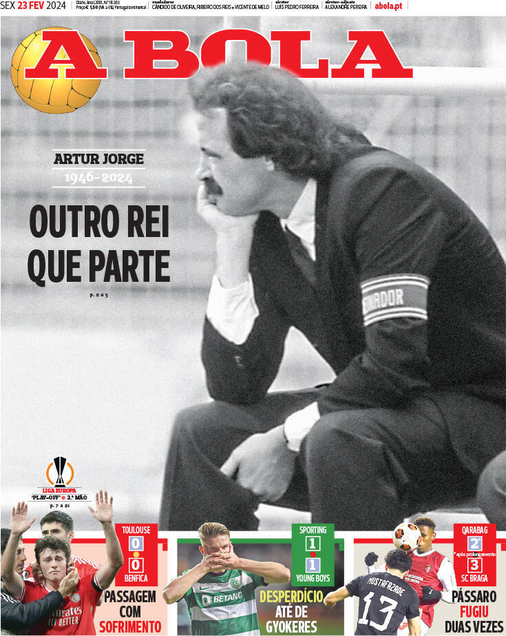 A Bola: Capa da Edi&ccedil;&atilde;o de sexta-feira, 23 de fevereiro 2024