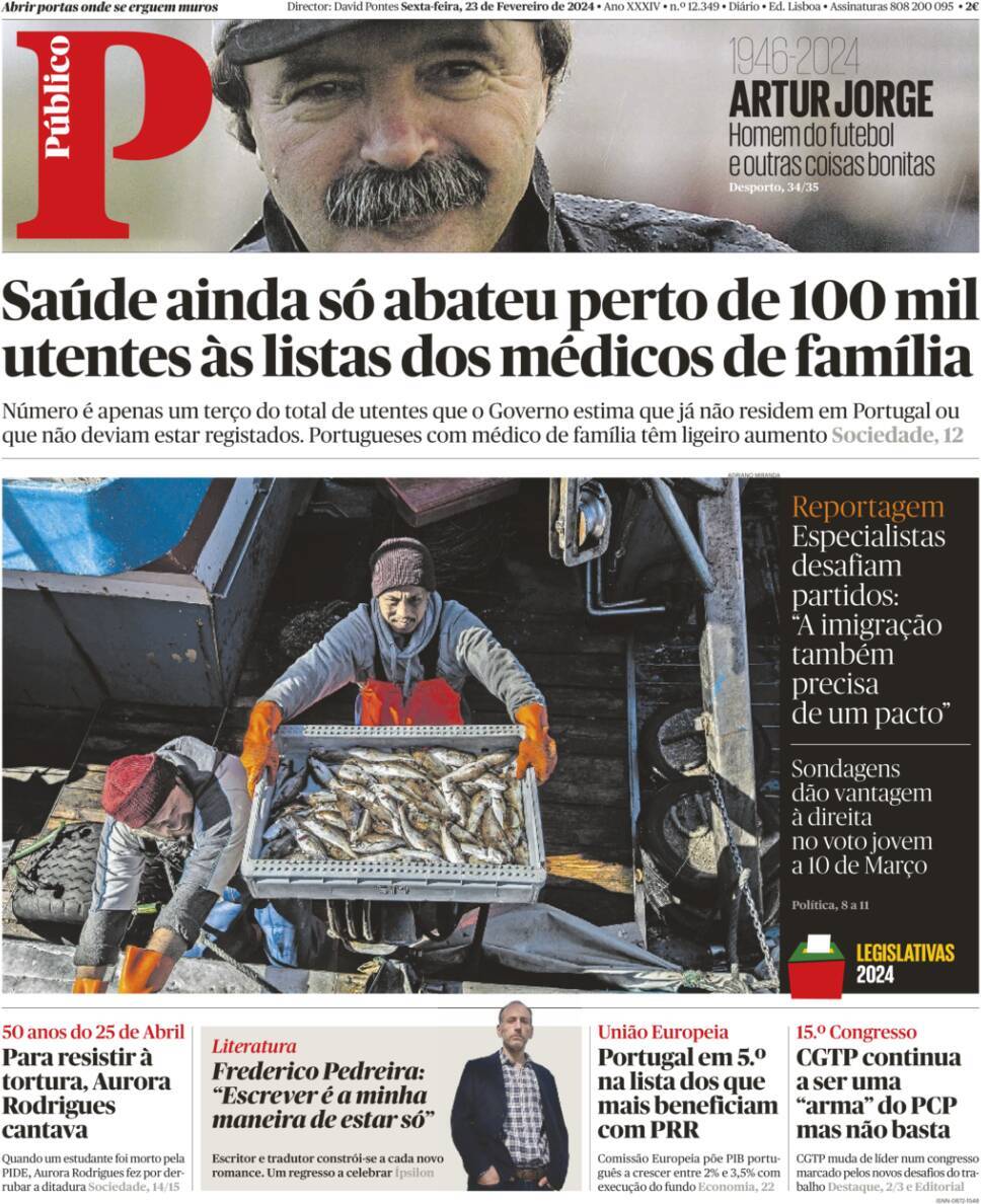 P&uacute;blico: Capa da Edi&ccedil;&atilde;o de sexta-feira, 23 de fevereiro 2024